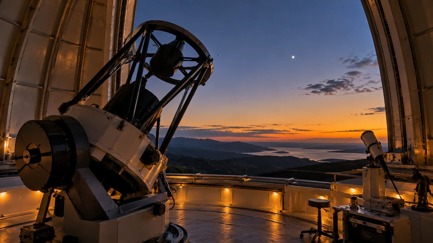 Telescopio en un observatorio al atardecer